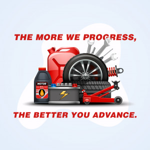 Illustration of car parts and tools with motivational text.