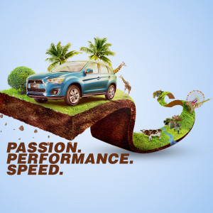 Blue Mitsubishi Outlander on a floating island with tropical scenery