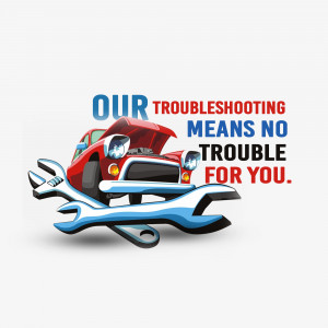 Illustration of a red car with the hood open, wrenches, and text promoting car troubleshooting services.