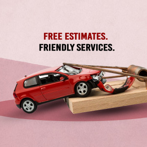 Miniature car crash with tools, representing auto body repair services and free estimates.