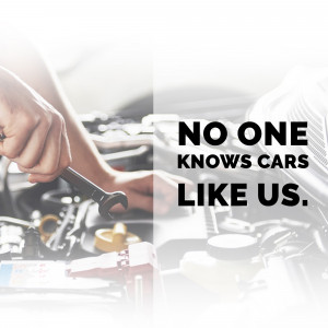 Mechanic working on a car engine with text 'No One Knows Cars Like Us'