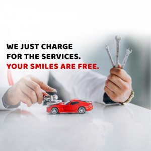 Doctor examining a toy car with tools, symbolizing affordable healthcare for vehicles.