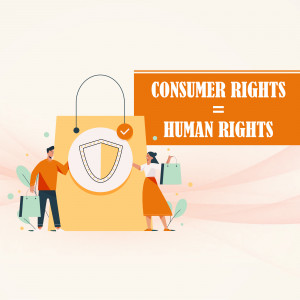 Illustration depicting consumer rights and protection with people and a shopping bag with a shield.