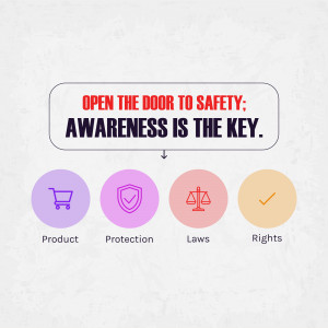 Image with text 'Open the door to safety: Awareness is the key' and icons representing product, protection, laws, and rights.
