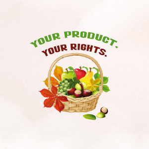 A woven basket overflowing with colorful fruits and nuts, with the text 'YOUR PRODUCT. YOUR RIGHTS.' above it.