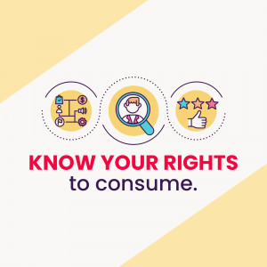 Illustration depicting consumer rights with icons for information, protection, and satisfaction.