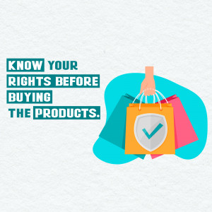 Illustration of a hand reaching for shopping bags with a shield and checkmark, promoting consumer rights.