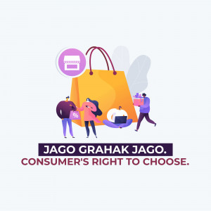 Illustration of people shopping with a shopping bag and text promoting consumer rights.