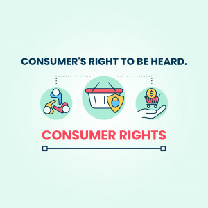 Illustration depicting consumer rights with icons representing voice, product safety, and financial protection.