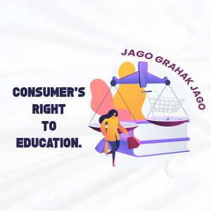 Illustration depicting consumer rights and education with a balance scale and a person with shopping bags.