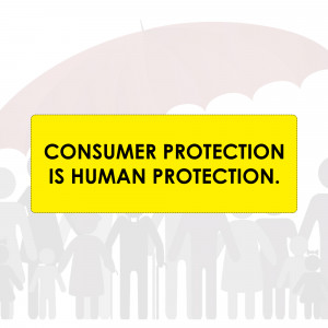 Yellow sign with the text 'Consumer Protection is Human Protection' over a blurred background of people.
