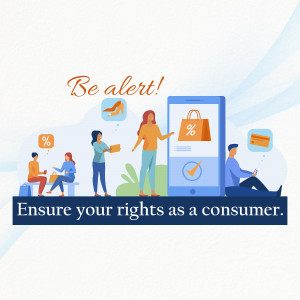 Illustration of people shopping and using smartphones with a warning message about consumer rights.