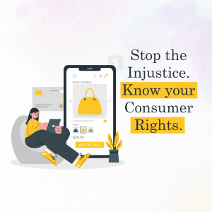 Illustration of a woman using a tablet while a smartphone displays an online shopping cart with a handbag, promoting consumer rights.