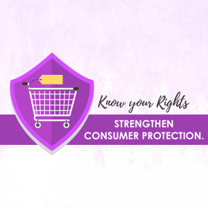 Shield with shopping cart and tag, promoting consumer rights