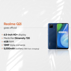 Realme Q2i smartphone with blue gradient back and specifications listed