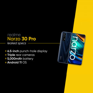 Realme Narzo 30 Pro smartphone with key specifications listed