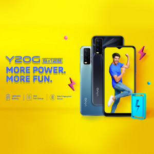 Vivo Y20G smartphone with a man celebrating on the screen