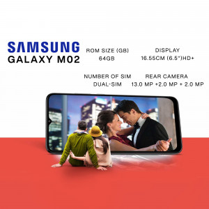 Samsung Galaxy M02 smartphone with display showing a couple, specifications listed