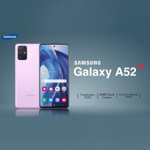 Samsung Galaxy A52 phone in lavender color with screen displaying apps