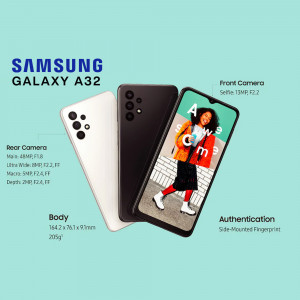 Samsung Galaxy A32 in black and white colors with camera specifications