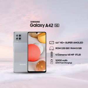 Samsung Galaxy A42 5G smartphone with key specifications highlighted