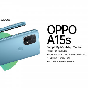 OPPO A15s smartphone with blue back cover and product features listed