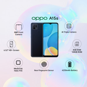 Oppo A15s smartphone with key features highlighted