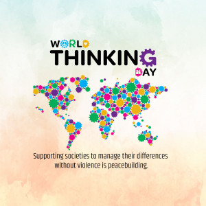 World Thinking Day graphic with a world map made of colorful dots and gears.