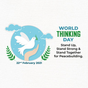 Illustration of a hand holding an olive branch with a dove, representing World Thinking Day.