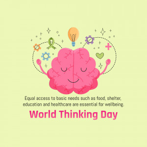 Illustration of a pink brain meditating with gears, a lightbulb, and symbols representing healthcare and wellbeing.