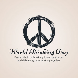 Black peace symbol with text 'World Thinking Day' and a message about breaking down stereotypes.