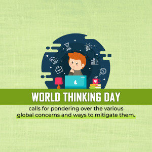 Illustration for World Thinking Day featuring a person working on a laptop with global icons.