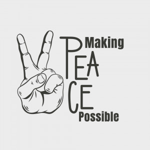 Hand making a peace sign with text 'Making Peace Possible'