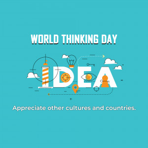 Illustration for World Thinking Day with the word IDEA and icons representing ideas and global connection.