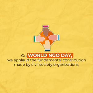 Image celebrating World NGO Day with hands around a globe.