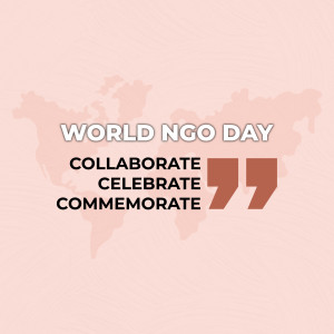 World NGO Day graphic with a world map and quote marks.