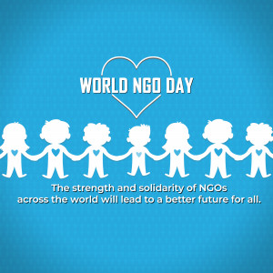 White silhouettes of people holding hands with a heart above, celebrating World NGO Day.