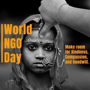 A portrait of a young woman with traditional jewelry, with text overlay promoting World NGO Day and a message of kindness.