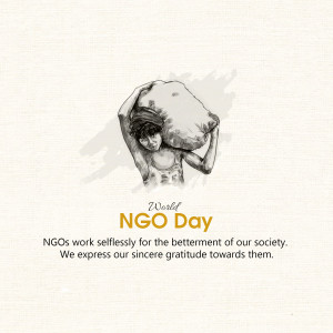 Illustration of a person carrying a large rock with text 'World NGO Day' and a message of gratitude.