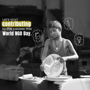 Young boy washing dishes with text overlay 'Let's start contributing to the causes this World NGO Day.'