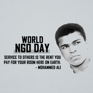 Black and white portrait of Muhammad Ali with text celebrating World NGO Day.