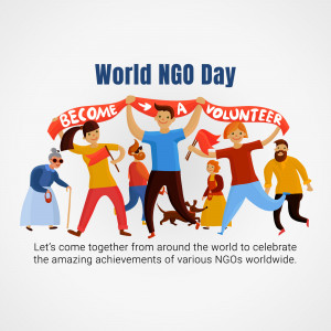 Illustration of diverse people celebrating World NGO Day and volunteering.