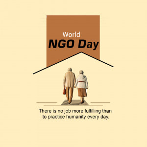 Image depicting an elderly couple walking towards a house with the text 'World NGO Day' and a message about practicing humanity.
