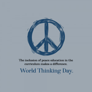 Blue peace symbol with text promoting peace education on World Thinking Day.