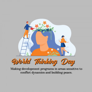 Illustration depicting a woman with plants growing from her head, symbolizing thought and growth, with text 'World Thinking Day'.