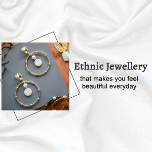 Close-up of gold and pearl earrings on a textured background with text overlay.