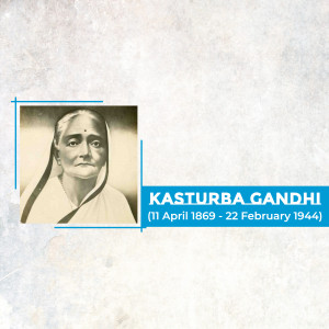 Black and white portrait of Kasturba Gandhi with dates of birth and death