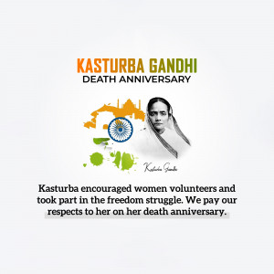 Image commemorating Kasturba Gandhi's death anniversary with her portrait and the Indian flag.