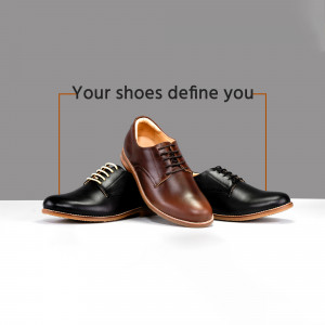 Three pairs of men's leather shoes - black, brown, and black - displayed on a white surface.