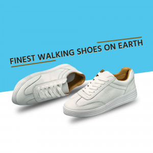 White walking shoes on a blue and white background